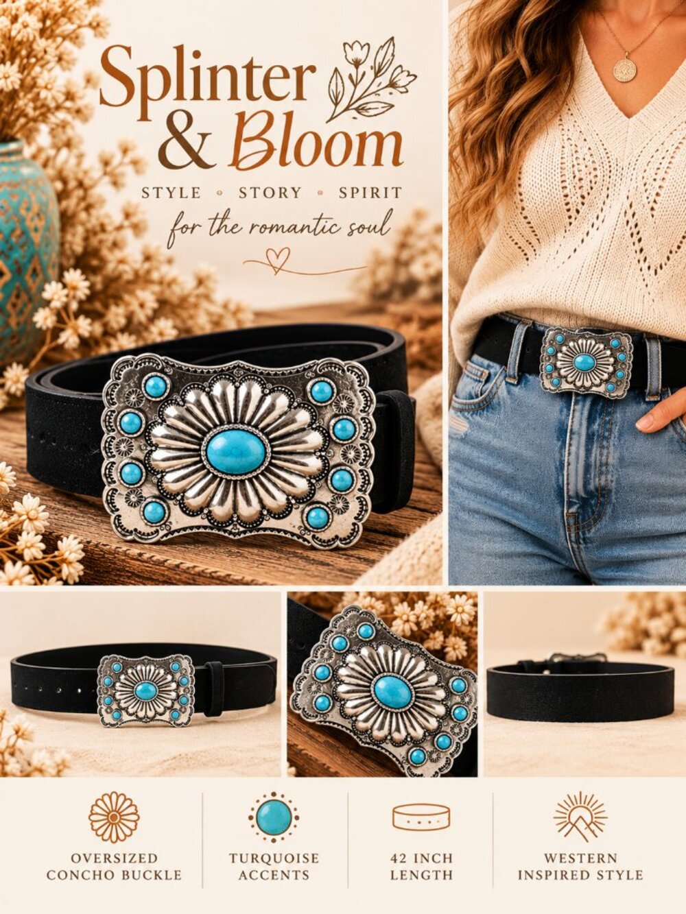 Western Turquoise Concho Statement Buckle Belt – Silver & Black | NWT